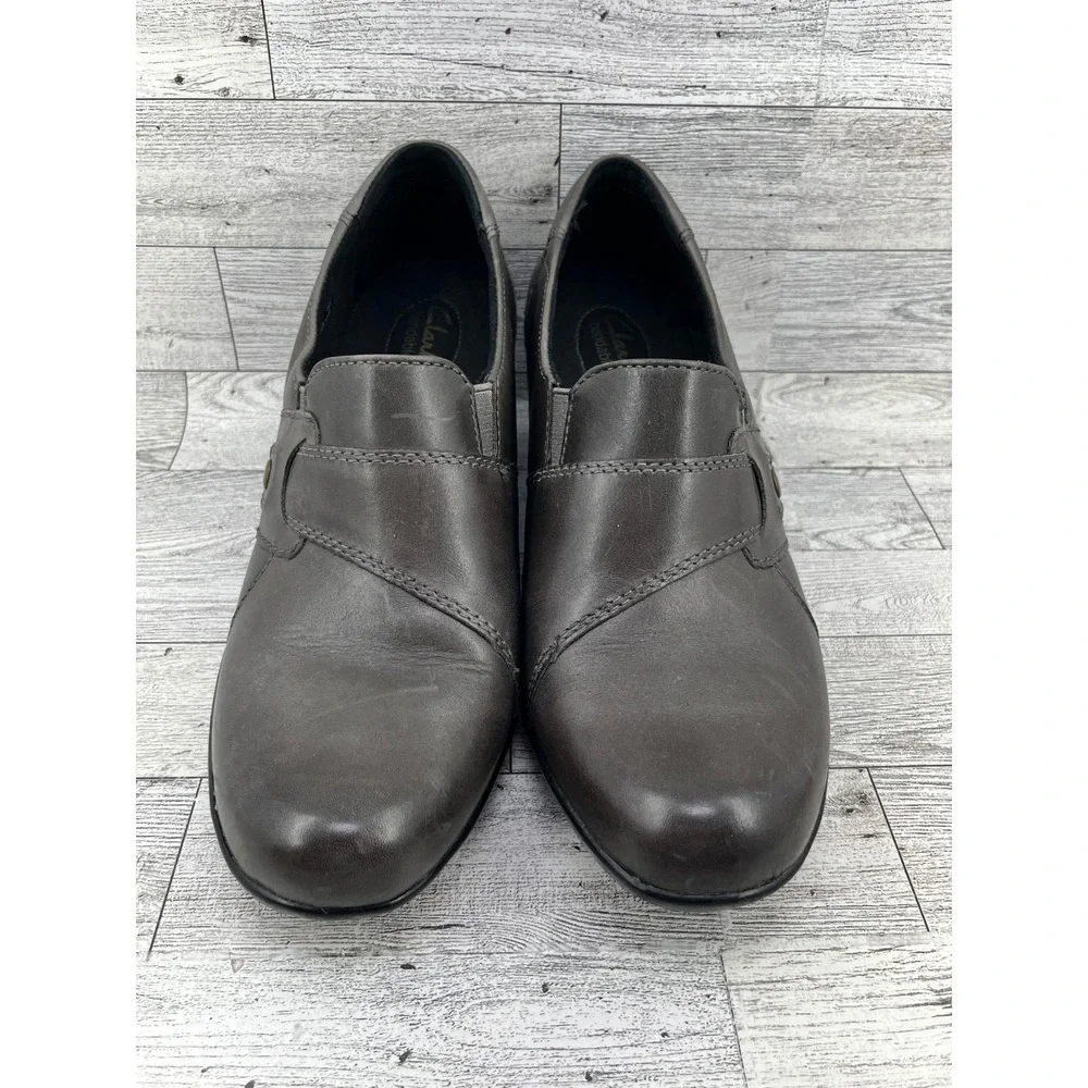 Clarks‎ Bendables Women Size 9.5M Dark Gray Leather Slip On Loafers Block Heel